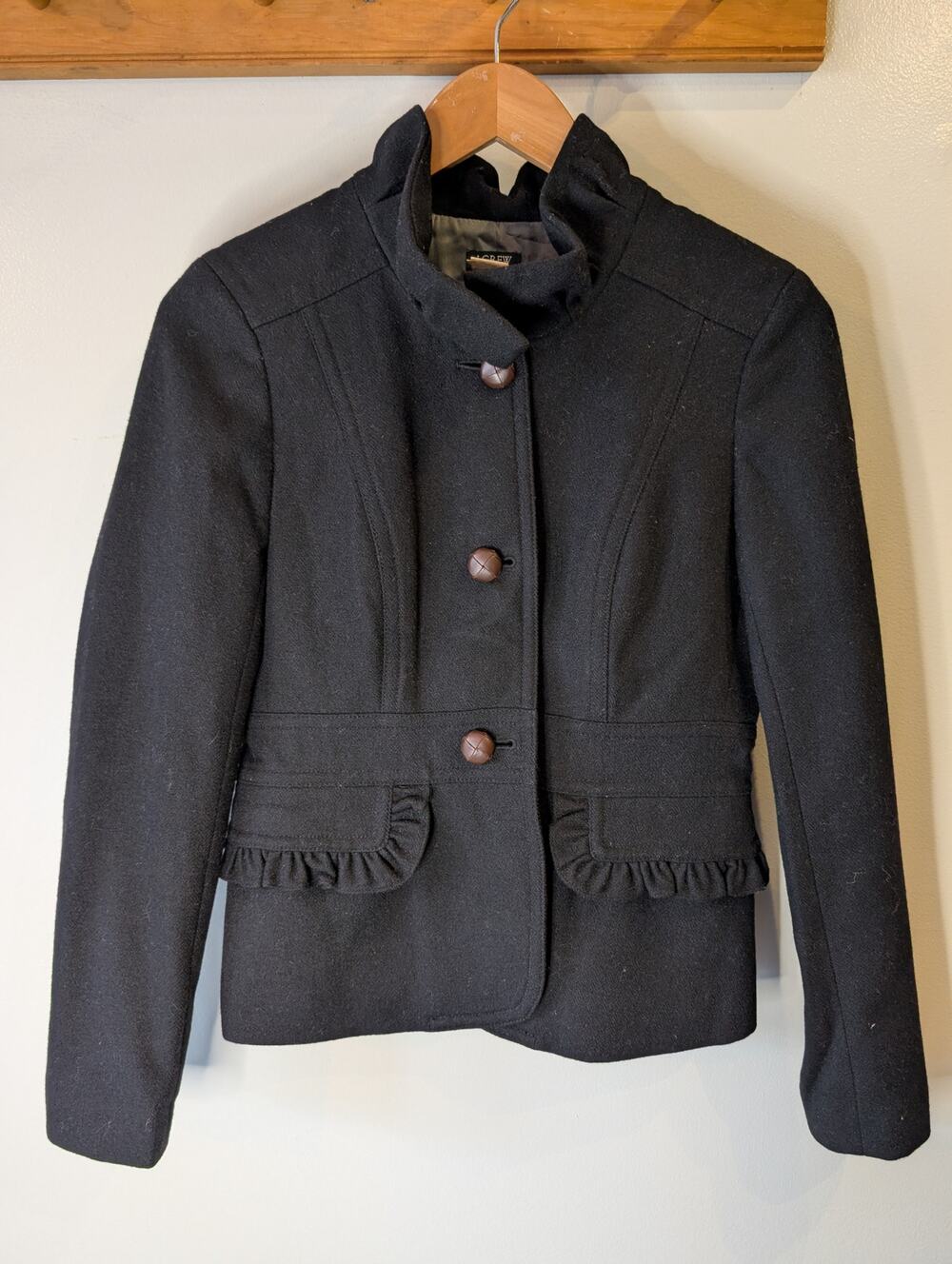 J.Crew Wool Ruffle Blazer Jacket Black Leather Buttons Size 4